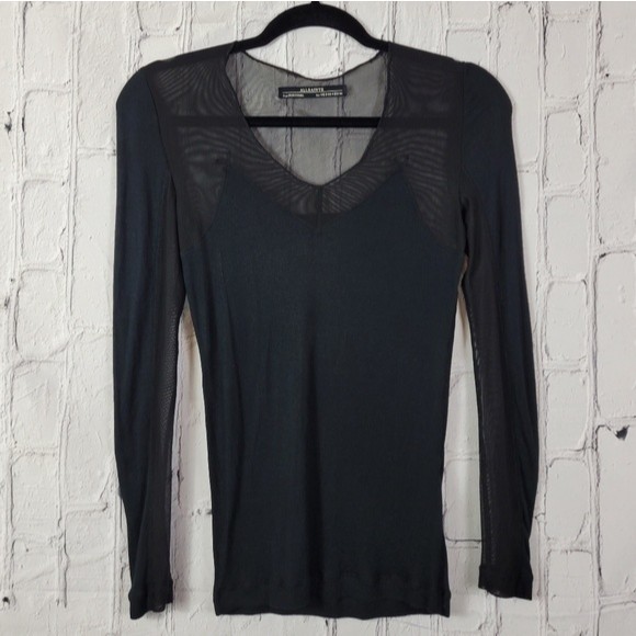 All Saints sheer black Emile long sleeve mesh detail top - Picture 3 of 8